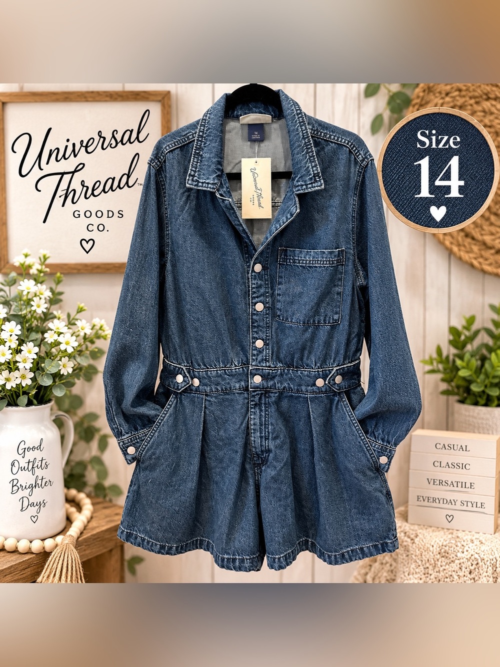 Universal Thread Women’s Denim Long Sleeve Romper – Dark Wash – Size 14 – NWT